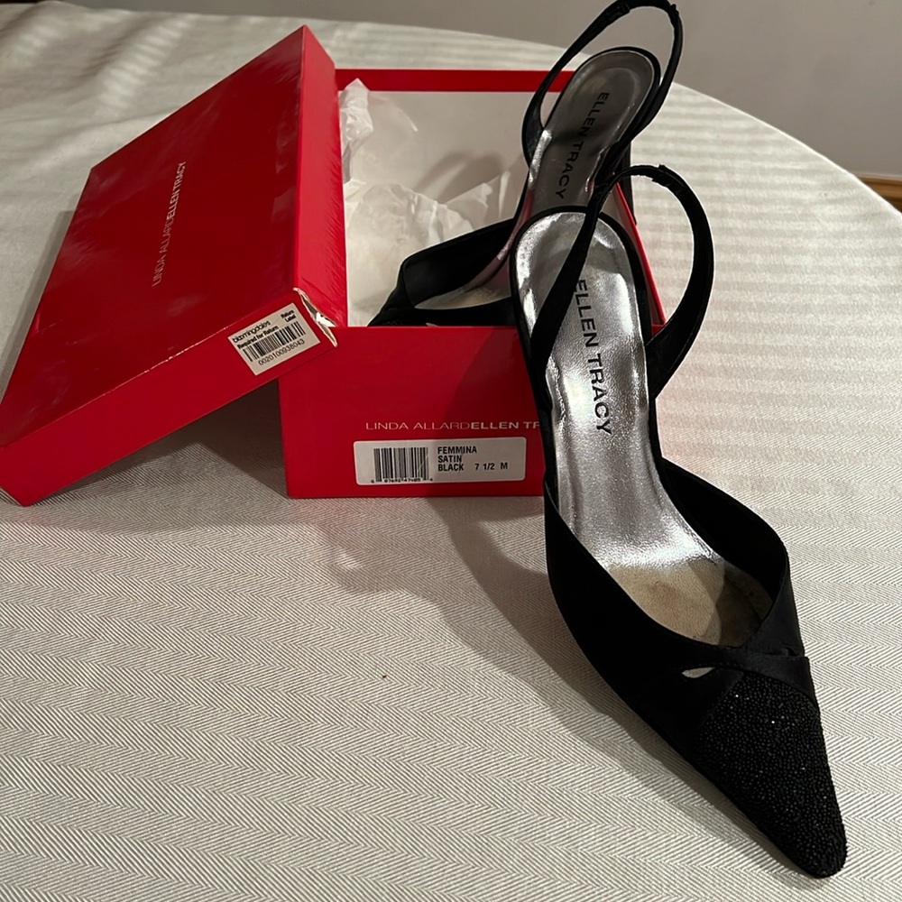 Black Satin Slingbacks Size 7.5. Linda Allard Ellen Tracy